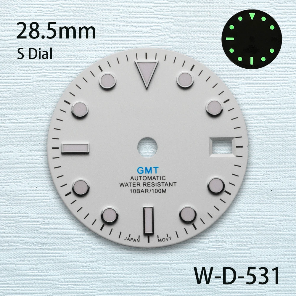 Esfera GMT blanca con logotipo S de 28,5mm compatible con movimiento NH34 C3, accesorios de modificación de reloj con esfera luminosa verde de alta calidad