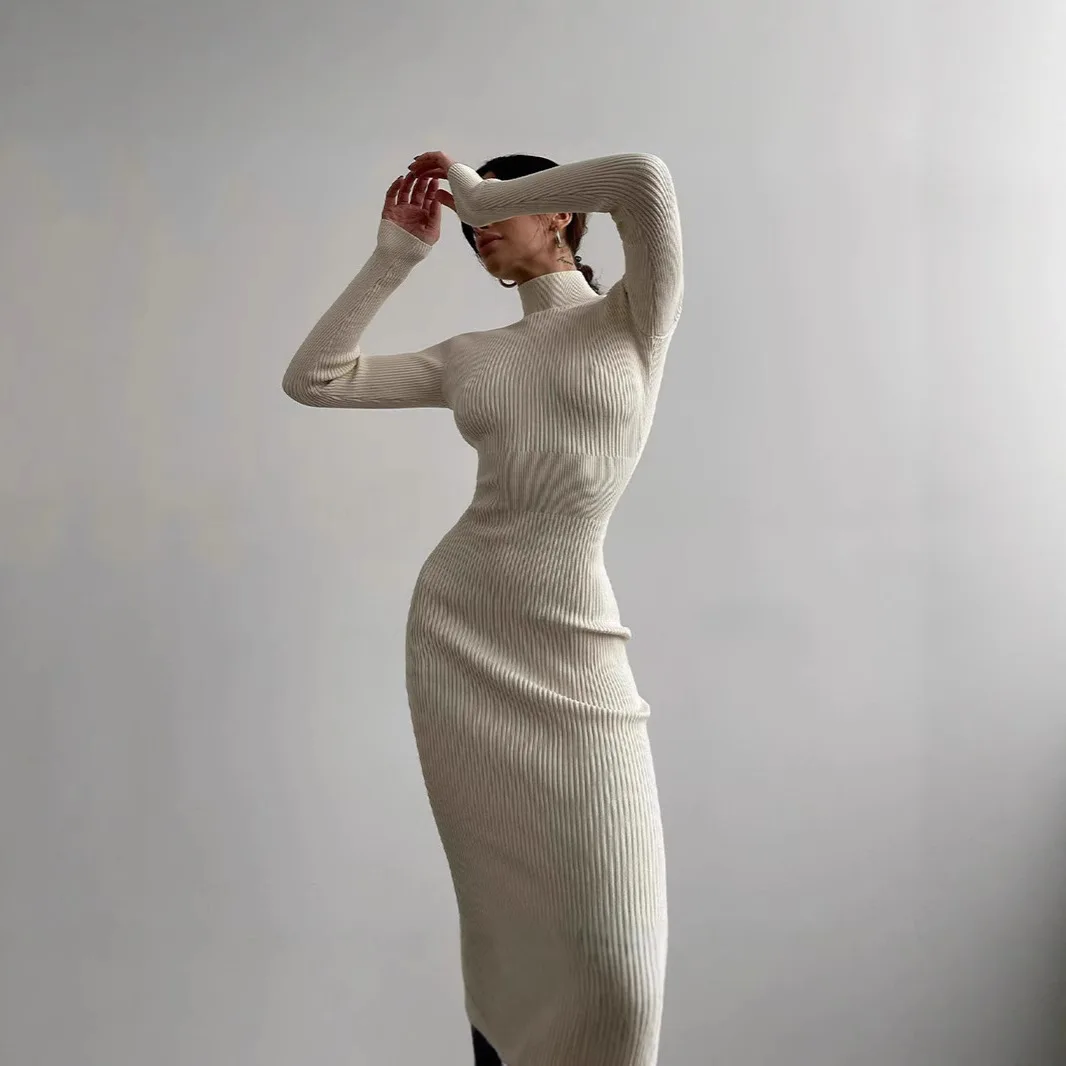 Vestido de tricô feminino 2025 outono inverno novo vestido de camisola de comprimento médio feminino preto gola alta vestido de malha fino para camadas
