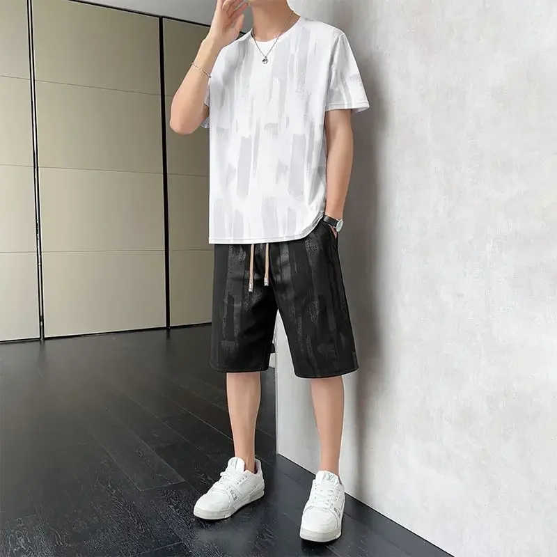 

Ice Silk Male T Shirt Short Sets Graphic Print Sports Suits Two-piece Korean Style 2025 New In Matching Elastic Men's Shorts Set