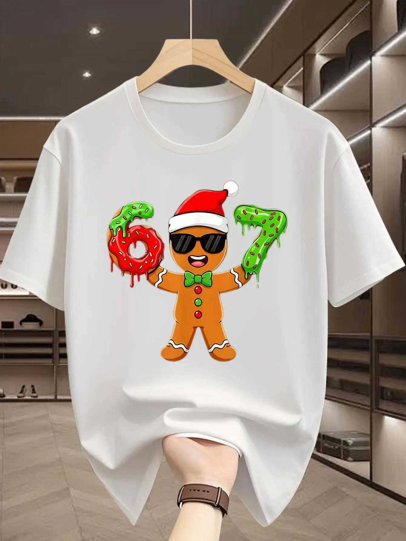 Cool Gingerbread Man With Santa Hat 67 Donut Print Mens Short Sleeve Tshirt Crew Neck Xmas Casual Outdoor Daily Comfort Wear