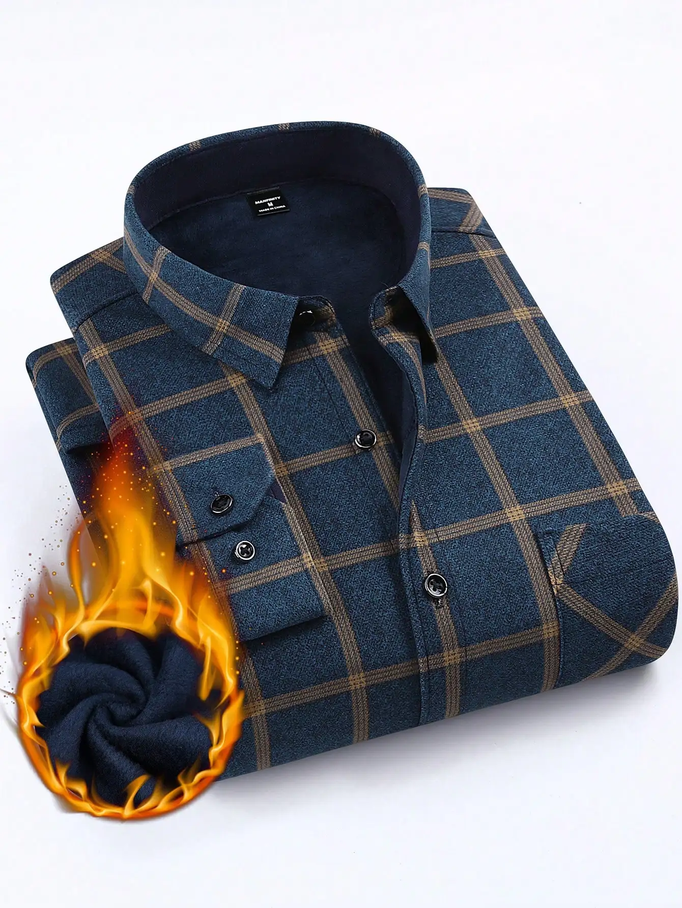 

Men's Thermal-Lined Plaid Long Sleeve Casual Shirt for Autumn Winter