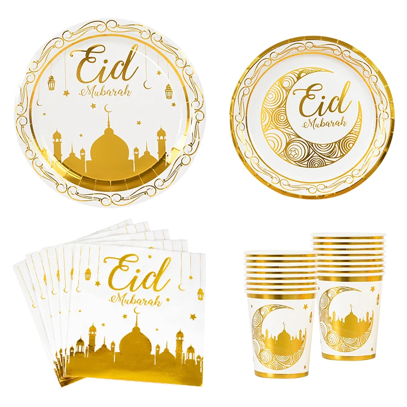 Eid mubarak utensílios de mesa descartáveis placa de ouro copo banner sacos de presente islâmico muçulmano fontes de festa 2024 ramadan kareem