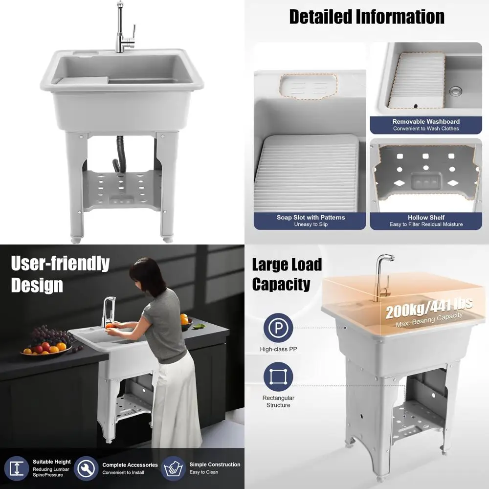 프리스탠딩 플라스틱 세탁 싱크대 25.6 (세탁판, 온수/냉수 수도꼭지, 호스, 배수 키트 포함) - 실내/실외용