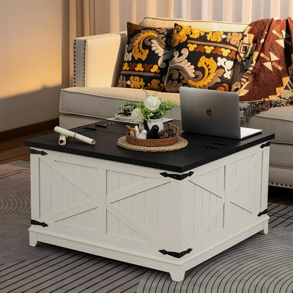 Antique Black and White Large Square Coffee Table with Hidden Storage for Living Room, Farmhouse Style Centerpiece