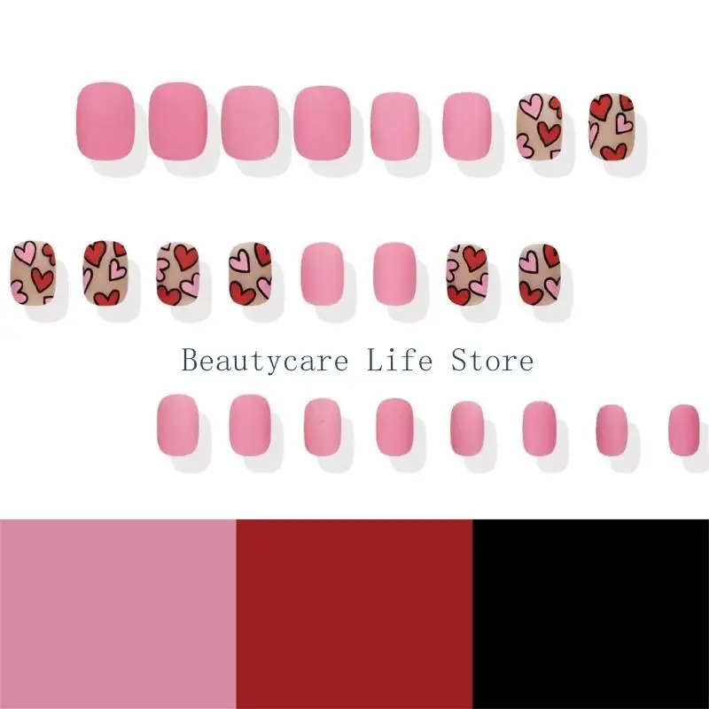 652C 24Pcs Almond Fake Press On Artificial False Glues On Valentine Designs French Tips Gifts