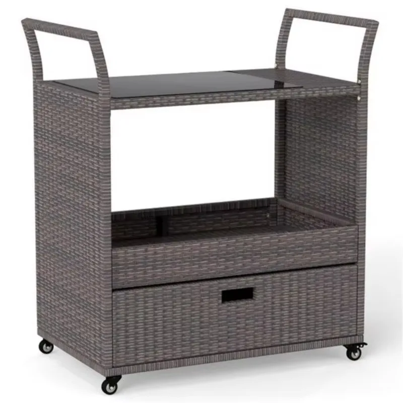 Hand-woven PE rattan outdoor bar car with tempered glass top drawer, four-wheel brakes