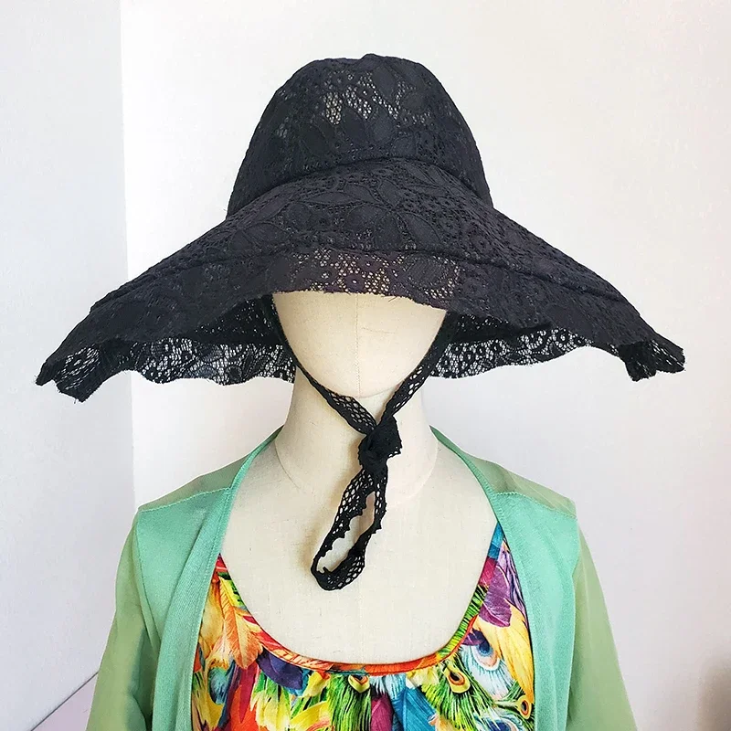 Summer Hats for Women Black White Lace Bucket Hat Beach Sunhat Large Wide Brim Anti-UV Summer Cap for Women