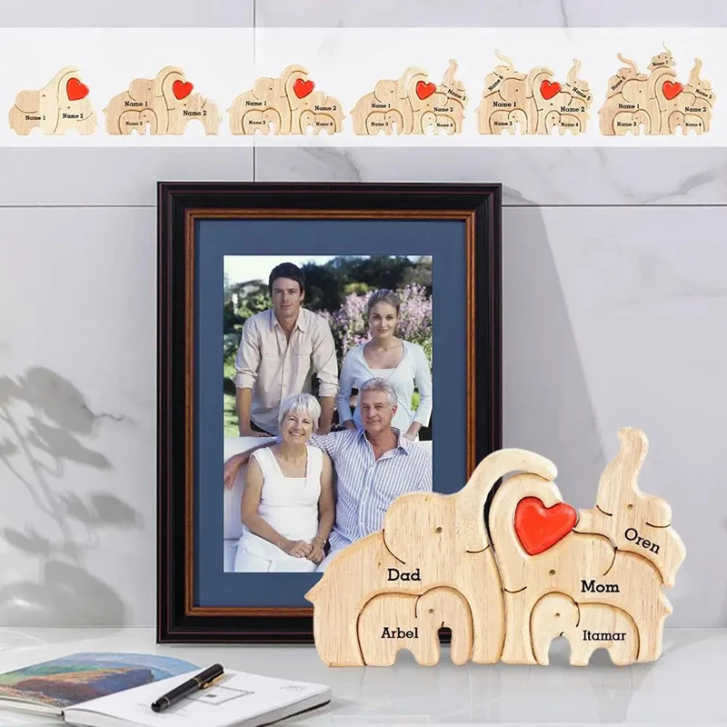 New Personalized Elephant Family Wooden Art Puzzle Wooden Desktop Decorations Animals Theme Customized Unite Gift For Family