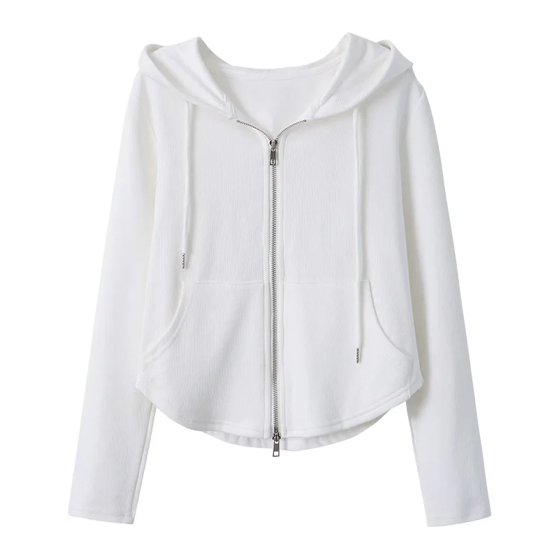 2025 New Women's Slimming Double Zipper Hooded Sweatshirt Slim Fit Jacket 2025 Autumn and Winter Solid Color Versatile Jacket