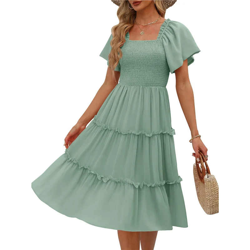 AOAO-Women's Summer Casual Flutter Sleeve Square Neck Smocked Midi Dress