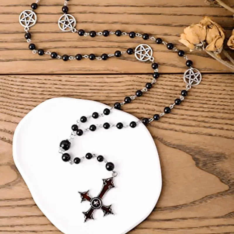 Gothic Beaded Pentagram Inverted Cross Necklace Black Agate Pendant Symbol Original Jewelry Gift Fashion Charm Handmade