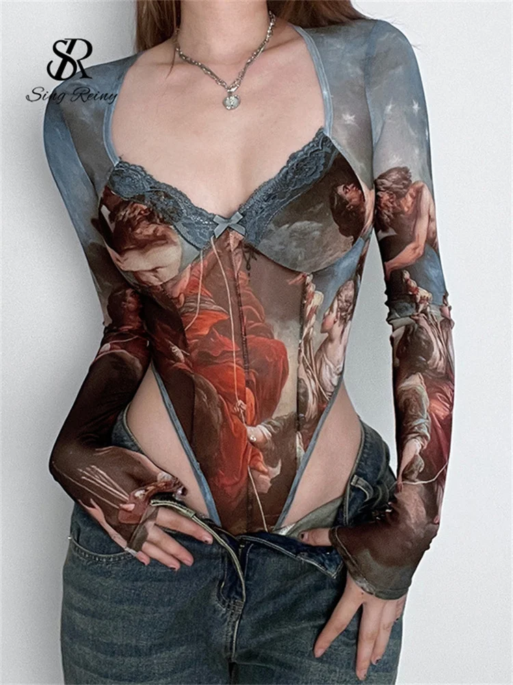 

SINGREINY Fashion Gauze Print Bodysuits V Neck Lace Spliced Skinny Rompers Top Female Long Sleeve Streetwear Sensual Playsuits