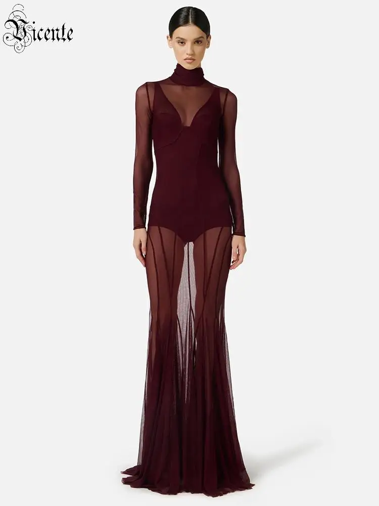 VC Sexy Sheer Mesh Dress Turtleneck Long Sleeve Transparent Bodycon See Through Evening Party Dress Slim Fit Clubwear ropa mujer
