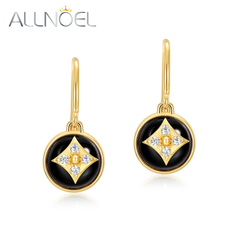 

ALLNOEL Natural Black Agate Hook Earrings Dangle For Women 925 Sterling Silver Gold Color 5A Zircon CZ Vintage Fine Jewelry Gift