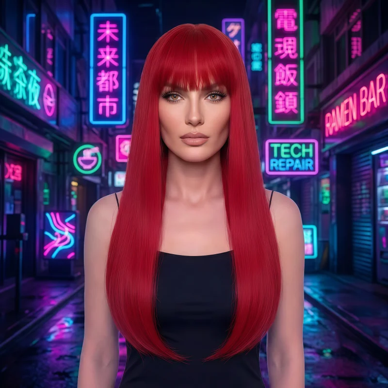 24-Inch natural simulation red wig with bangs, specially designed for women - long straight hair synthetic heat-resistant wig, s