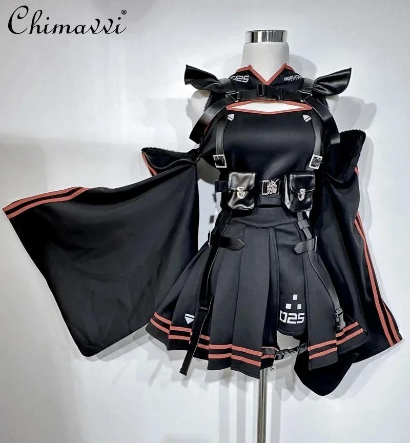 

Темные комплекты юбок для девочек в японском стиле панк, серия Mine, куртка с механическими расклешенными рукавами, плиссированная юбка на подтяжках, готическая трехсекционная юбка