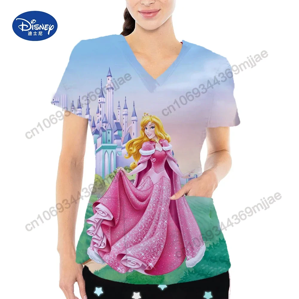 

Cartoon Style Clothes for Women Pocket Short Sleeves T-shirts V-neck Tops