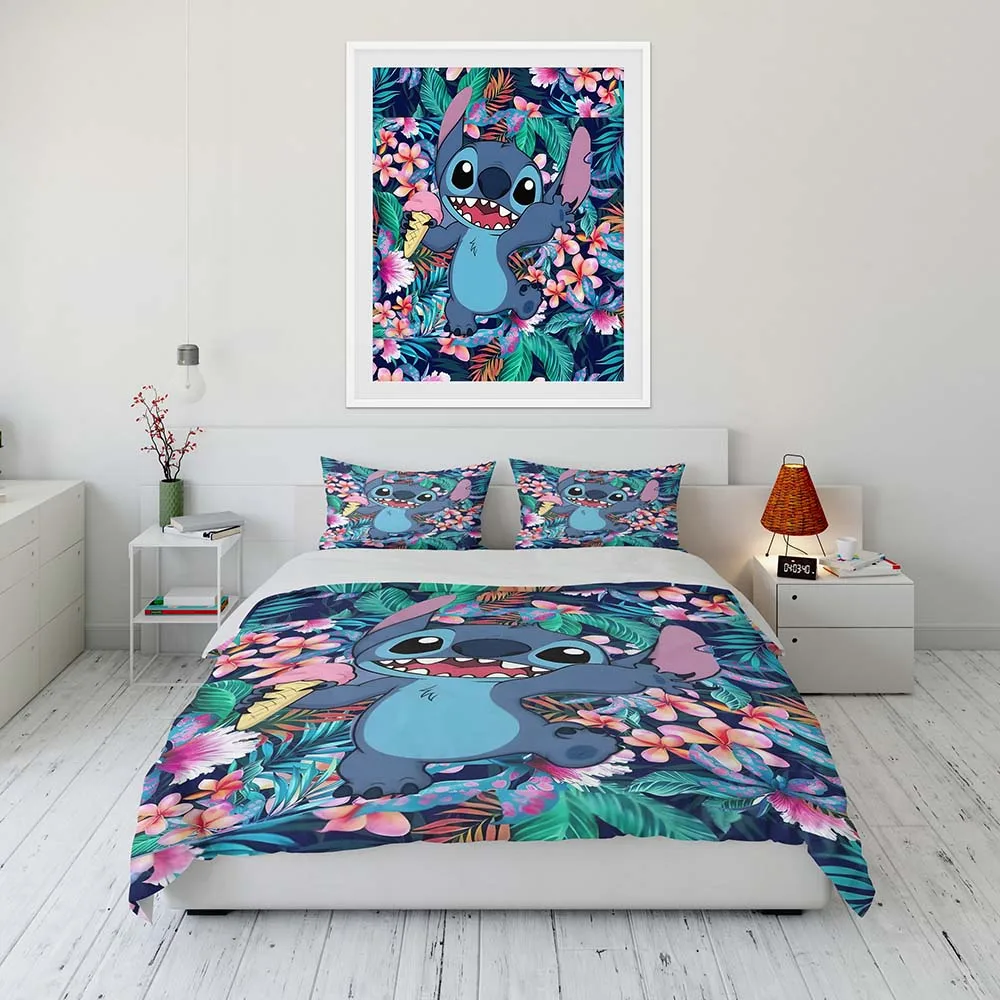 Juego de cama de dibujos animados de Disney Stitch y Lilo para niños, Sábana plana individual, doble, tamaño King, funda nórdica, funda de almohada,