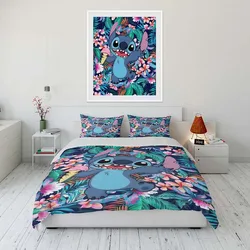 Juego de cama de dibujos animados de Disney Stitch y Lilo para niños, Sábana plana individual, doble, tamaño King, funda nórdica, funda de almohada, ropa de cama