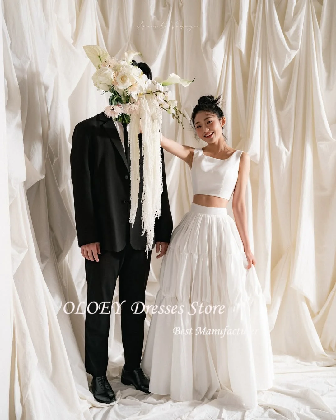 OLOEY 2 قطعة فستان زفاف جميل السباغيتي حزام ألف خط طول الأرض زي العرائس كوريا صورة تبادل لاطلاق النار حسب الطلب