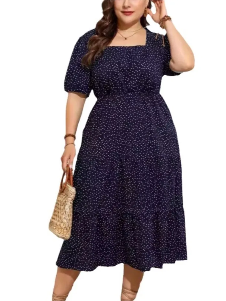 Plus Size Summer Midi Dress Women Polka Dot Print Fashion Ruffle Ladies Dresses Loose Pleated Casual Woman Square Collar Dress