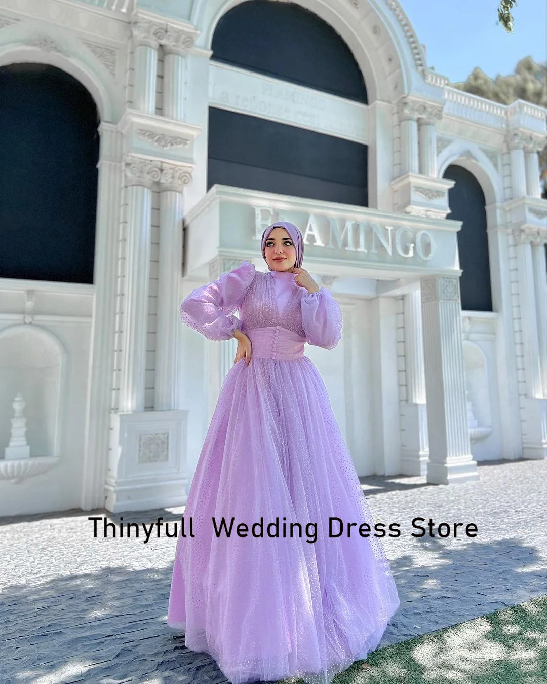 Thinyfull A-line Dotted Tulle Arabic Muslim Engagement Prom Dress High Neck Long Sleeves Evening Party Dress Long Formal Gown