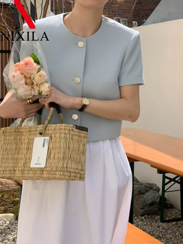 

New in Spring Summer Women Coats Korean Fashion Short Sleeve Jacket Leisure Round Cardigan Elegant Retro Tops for Women Clothing