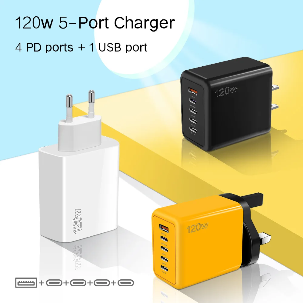 

120W 5 Ports Fast Charging USB Type C Charger PD 3.0 Quick Charge Mobile Phone Power Adapter for iPhone Xiaomi Huawei Samsung