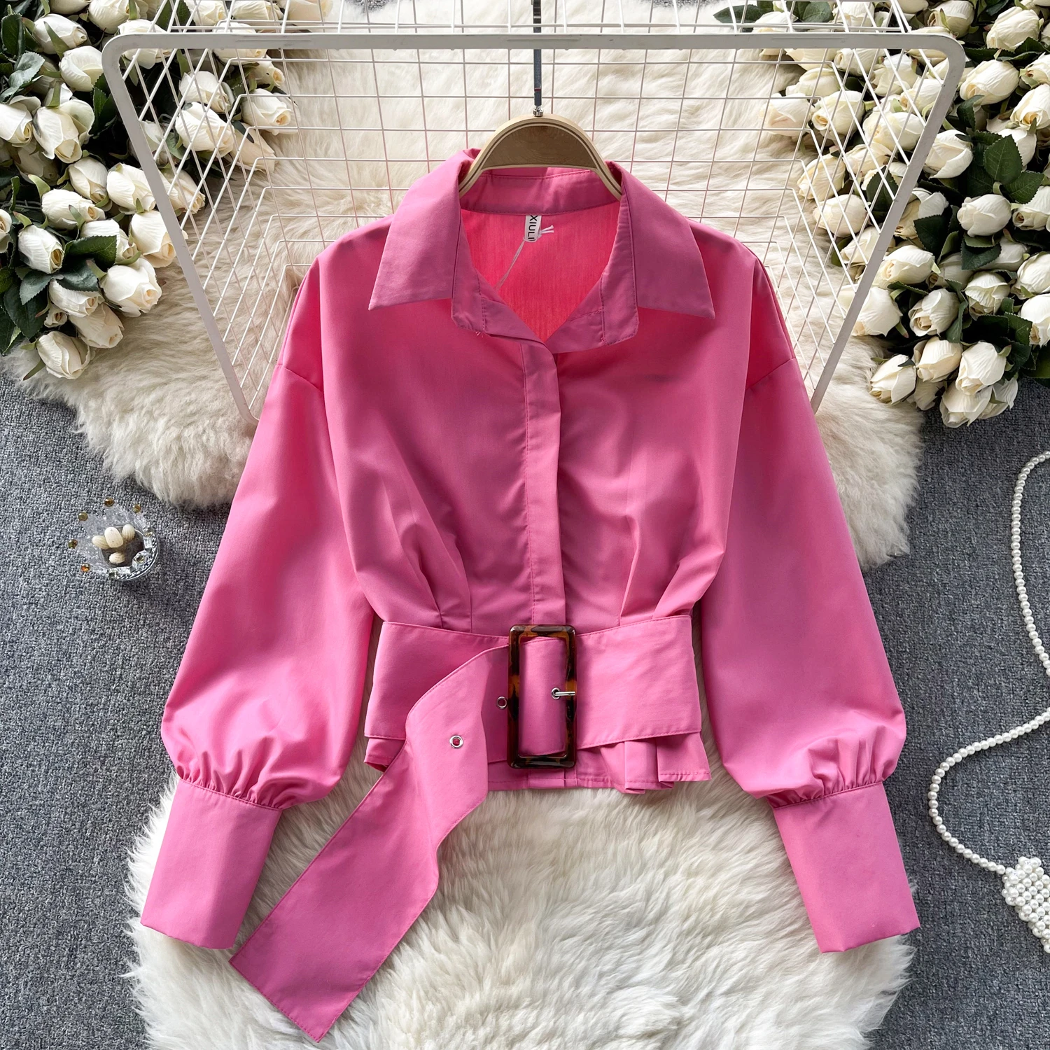 

Clothland Women Elegant Belt Blouse Long Sleeve Single Breasted Candy Color Shirt Cute Office Wear Tops Blusa Mujer LB048