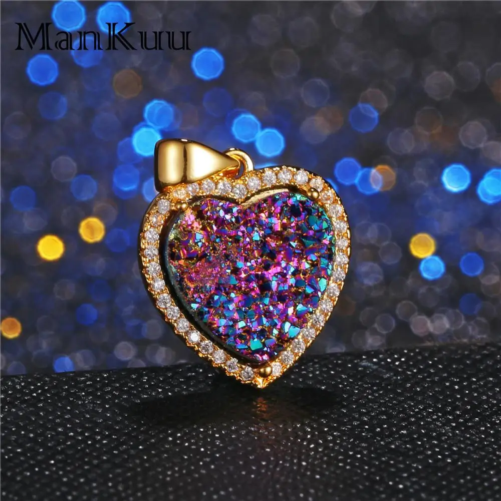 mankuu elegant natural druzy healing crystal stone gold plated jewelry heart pendant for diy making necklace charm women daily