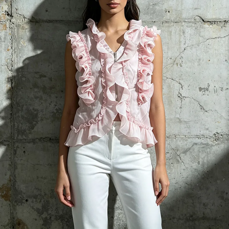 HKSH Women Vest Fashion Elegant Sleeveless V-Neck Zipper Ruffles Design Niche Trend High Street Ins Solid Color Tank Top HK27284