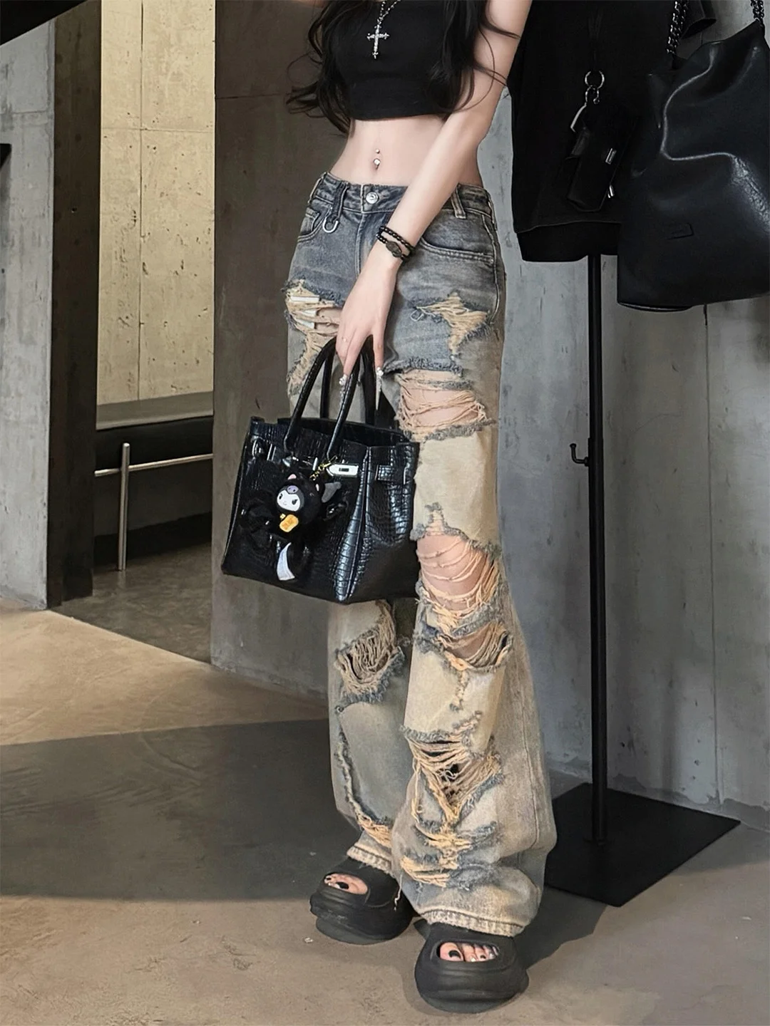 Summer 2026 Slimming High-Waisted American Style Denim Jeans Thin Material Cuffed Wide Leg Pants Distressed Classic BF Lazy S...