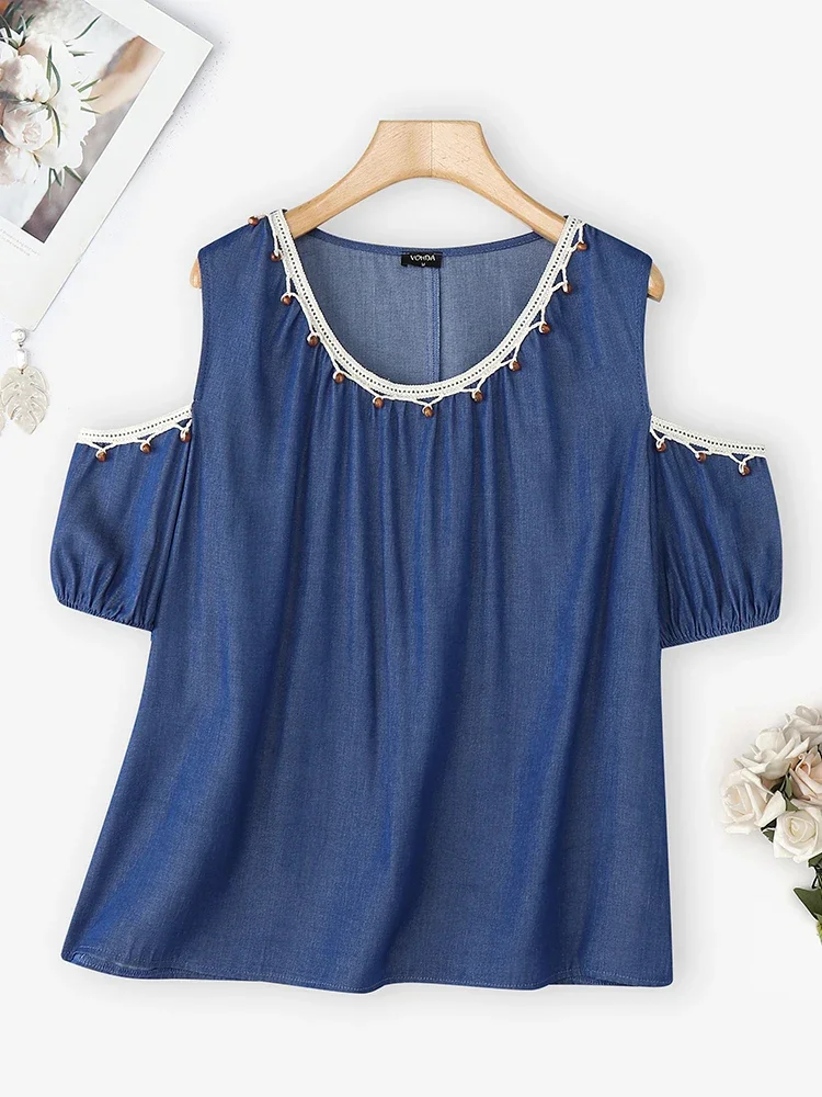 VONDA Women Blouse Sexy Cold Shoulder Solid Short Sleeve Tunic Tops 2025 Summer Casual Loose Fashion Shirts Elegant Office Blusa