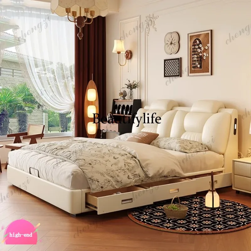 R134 Modern Drawers Bed Up Lift Electronic Double Foldable Bed Storage Space Wood Somieres Y Marcos De Cama Bedroom Furniture