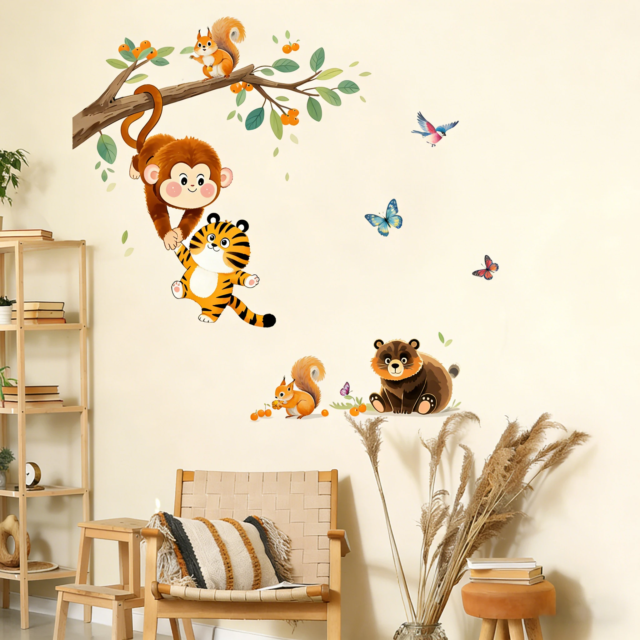 Adorable Monkey Squirrel Tiger Bear Butterfly Self-Adhesive Wall Stickers for Children's Room Bedroom Decorative Pulling Door De