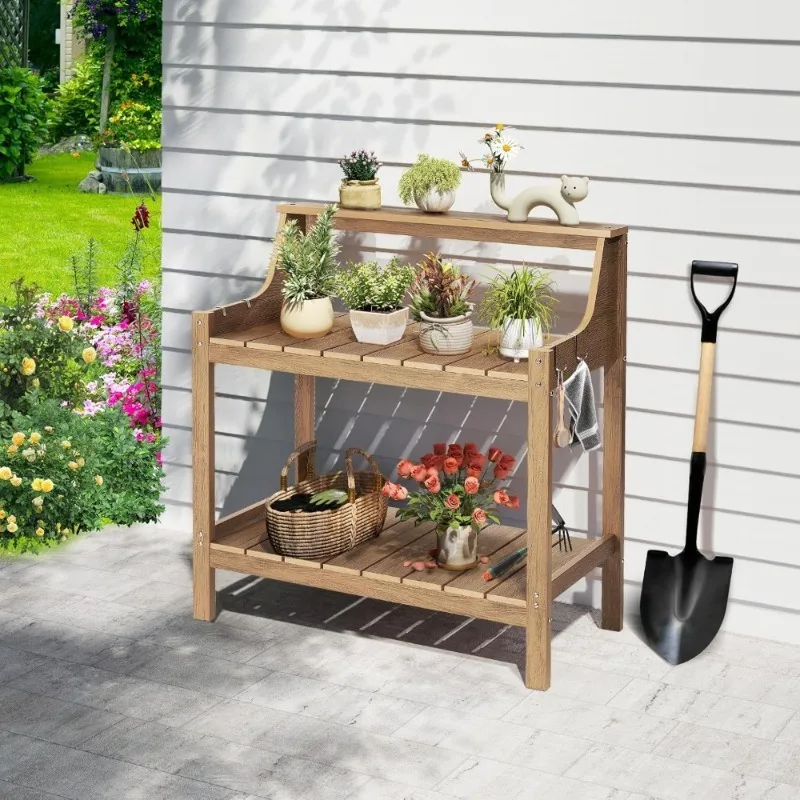 Outdoor All Weather Potting Bench Garden Table Work Station with 4 Side Hooks Large Teak Durable 360lbs Capacity