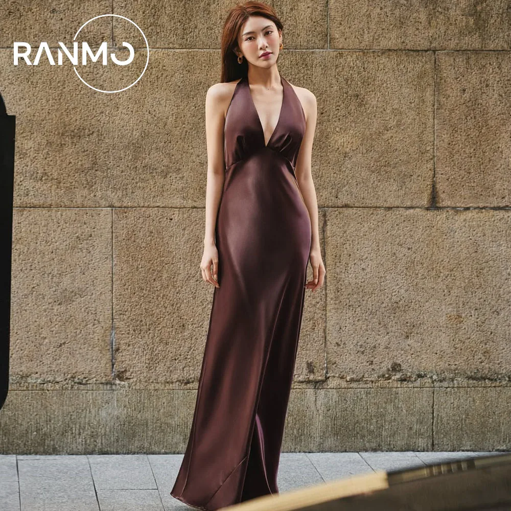 Ranmo 2026, индивидуальные высококачественные длинные платья без рукавов со складками на шее, коричневые, на заказ, длиной до пола, изысканные