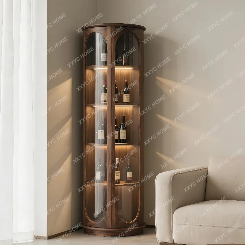 XX New Chinese  Black Walnut Round Wine Cabinet Double Door Glass Display Cabinet With LED Light