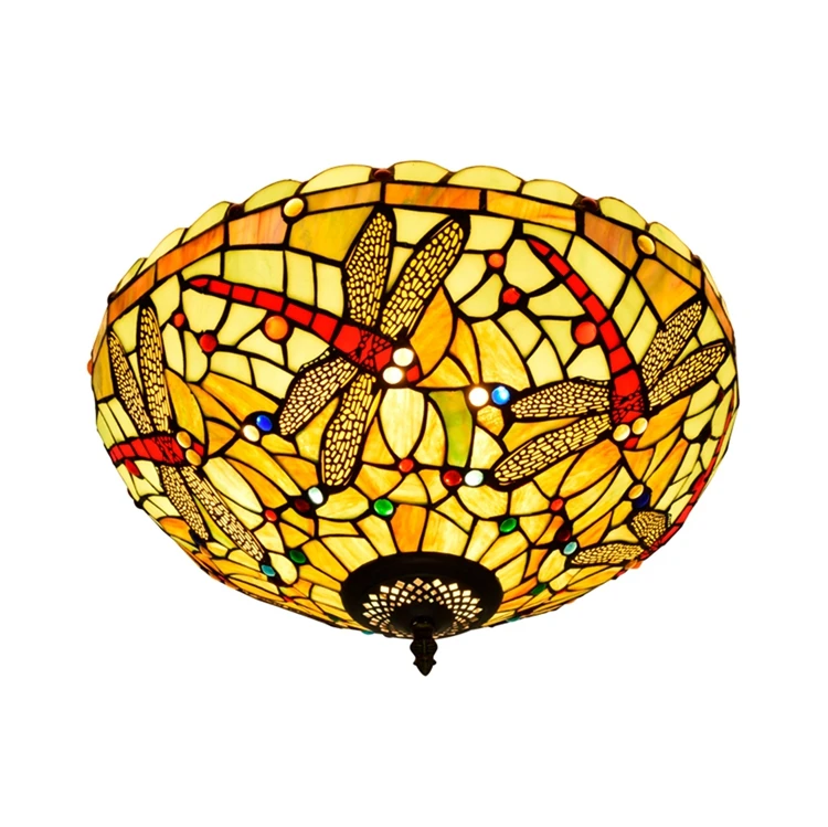 

16 Inch Tiffany Bedroom Lamp Bar Yellow Stained Glass Semi Retro Dragonfly Price Fan With Light Panel Modern Led Ceiling Lights