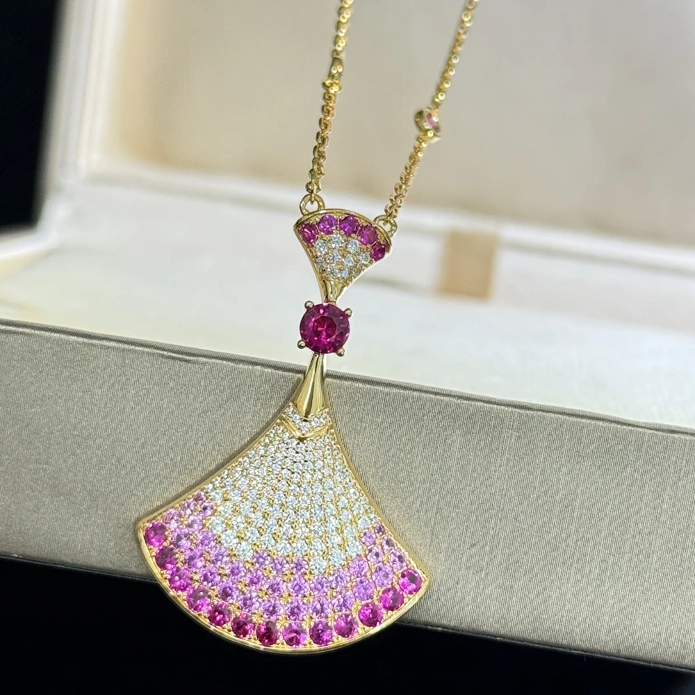 Solid 925 Sterling Silver With Gradient Pink High Carbon Diamond Fan-Shaped Necklaces Fine Real Gold Plated Jewelry For Women