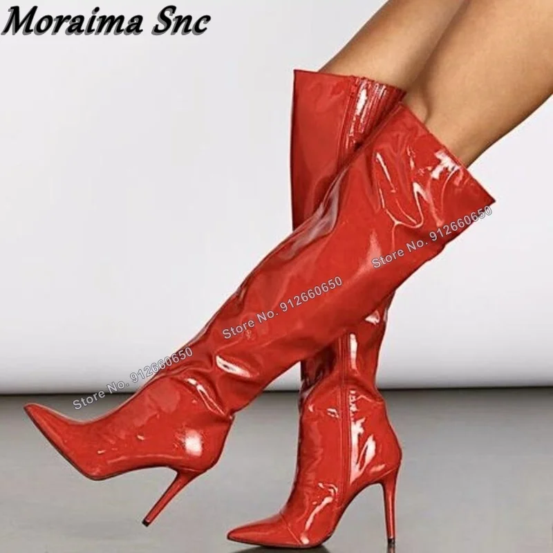 Moraima Snc Red Knee High Patent Leather Boots for Women Pointed Toe Knee High Boots Thin High Heels Runway Zapatillas Mujer