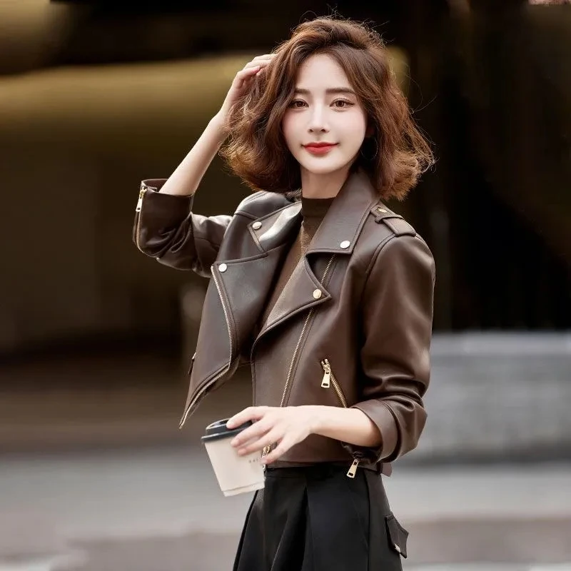 Casual Elegant Outerwear หญิงผู้หญิงเข็มขัดแฟชั่นกระเป๋าหนัง Faux สีทึบซิปเสื้อแจ็คเก็ตคุณภาพนุ่ม