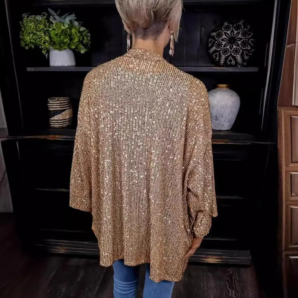 Women Sequin Jacket Fashion Sequin Coat Long Sleeve Open Front Solid Color Jacket Solid Color Spring Autumn Mid-length Cardigan