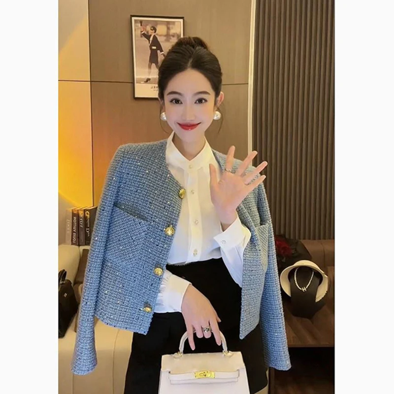 

Elegant Tweed Jacket Women Fashion Cropped Long Sleeve Coats Autumn Winter Ladies Korean Single Breasted Design Outerwears New