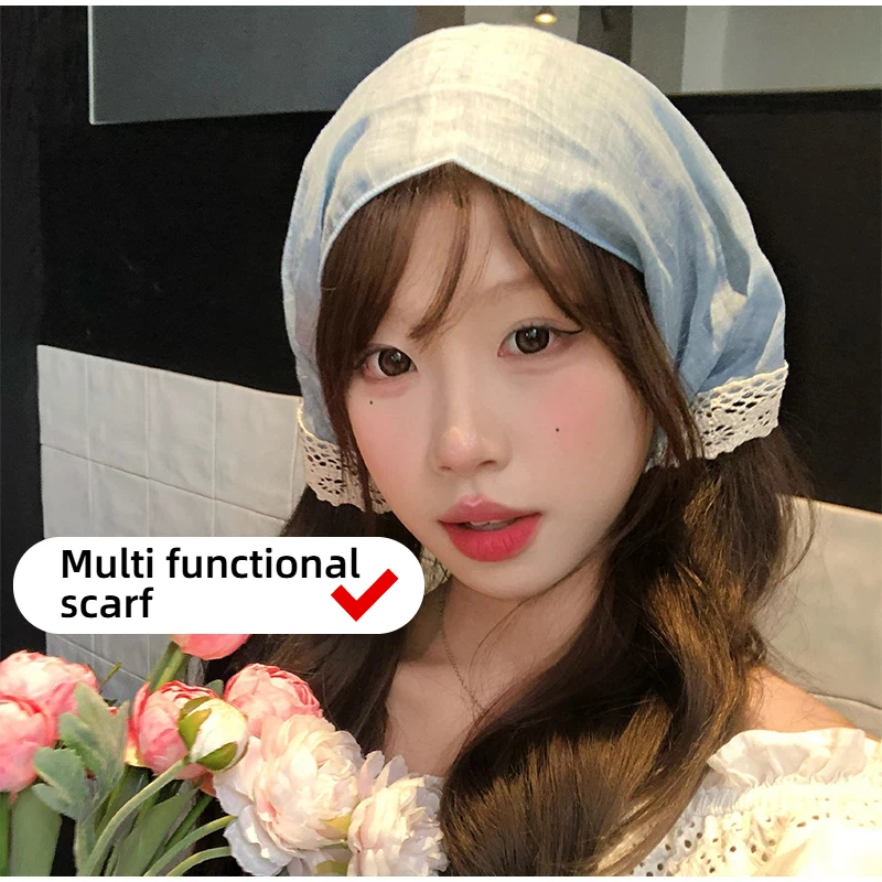 

Lace Lace Solid Color Scarf Small Fresh Blue Scarf Women's Neck High-end Triangle Scarf Decoration Women Accessories Silk Scarf