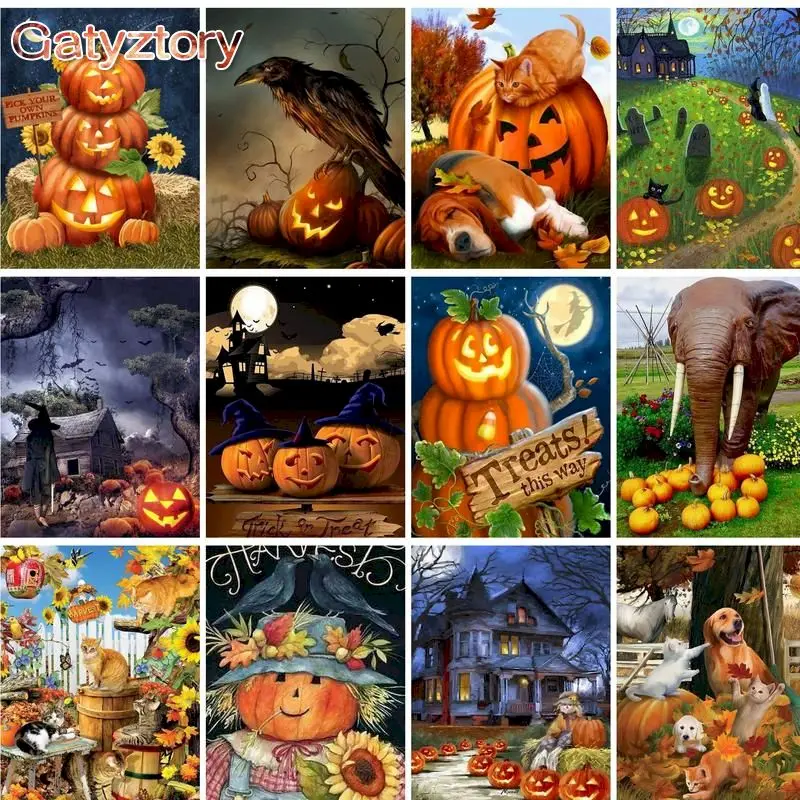 

GATYZTORY Abstract Painting By Numbers Acrylic Paints Picture Drawing Dark Pumpkin Lantern Interior Paintings Home Decoration