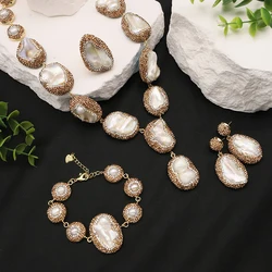 GLSEEVO-Ensemble de bijoux en perles baroques naturelles pour femmes, collier, bracelet, boucle d'oreille, bague, incrusté de biscuits, bijoux de robe de luxe