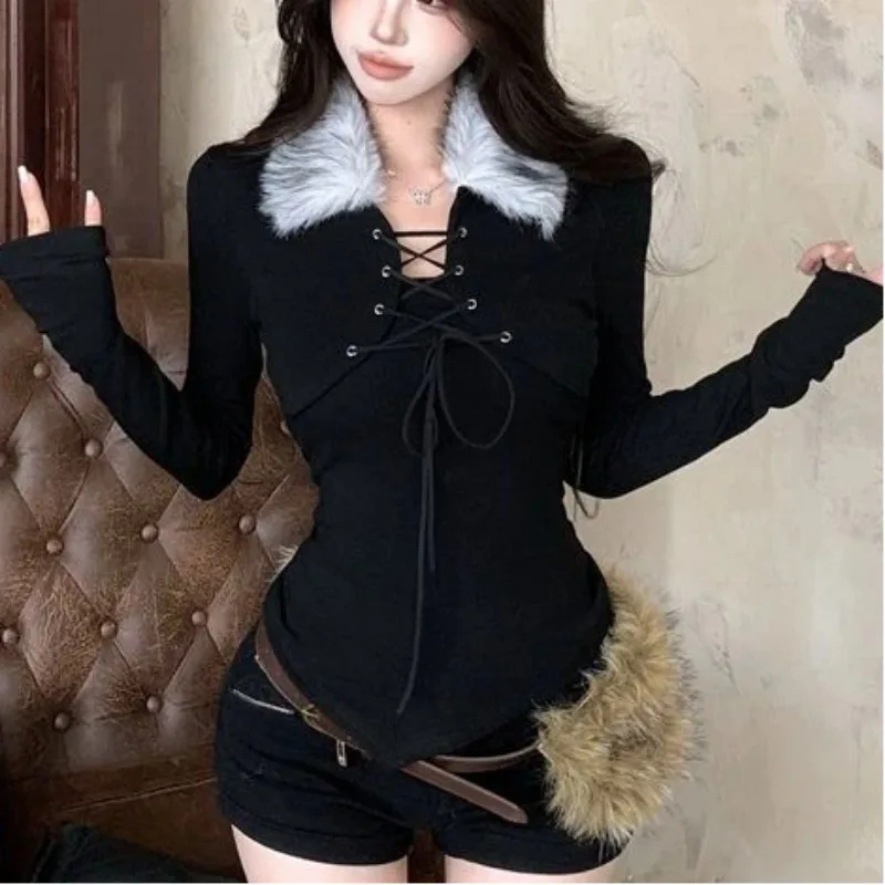 

2026 Spring Long Sleeve Faux Fur Sweater Women 2000s American Vintage Pullover Japanese Fashion Outwear Sexy Lace-up Blouse Y2k