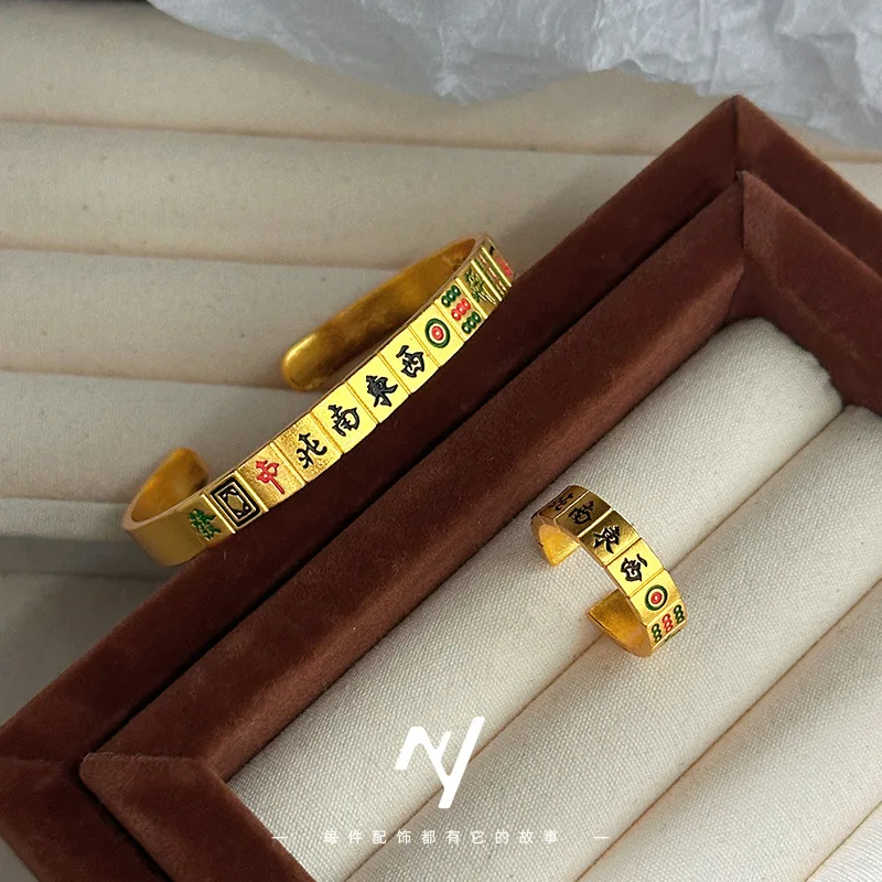 

Cynlo Jewelry Luxury 24K 9999 Pure Gold real gold Thirteen Bracelet Ring Enamel Open Mahjong Bracelet