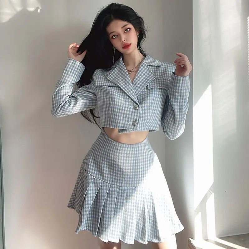 Suit Spring Short Lattice Suit Jacket + Pleated Skirt Two-Piece Sets Female Sweet Double Button Slim Hot Girl With College Style